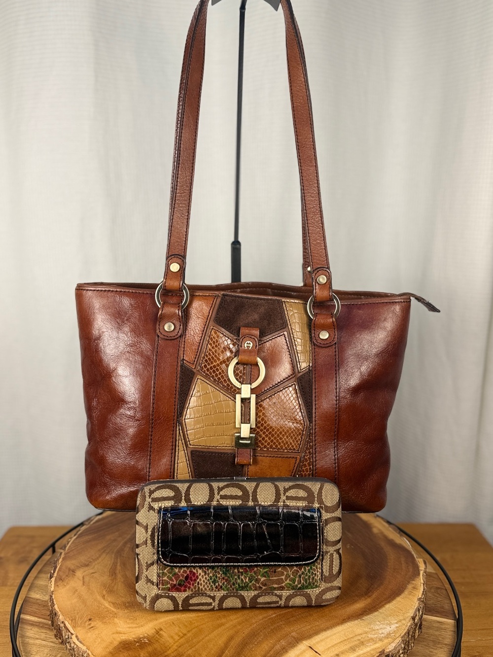 Etienne Aigner Brown Patchwork Leather Tote & Signature Canvas Clutch Wallet